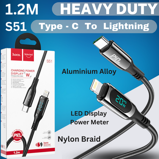 [S51][Type-C To Lightning][LED Display] HOCO Extreme Explorer 20W Super Fast PD Charging Data Sync USB Cable For Apple Device - Polar Tech Australia