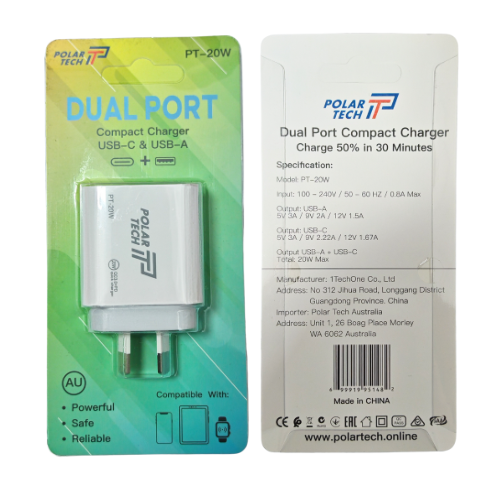 [PT-20W] 20W PD Type-C + QC 3.0 USB Dual Port Wall Travelling Charger Adapter -  (SAA Approved/AU Plug) - Polar Tech Australia
