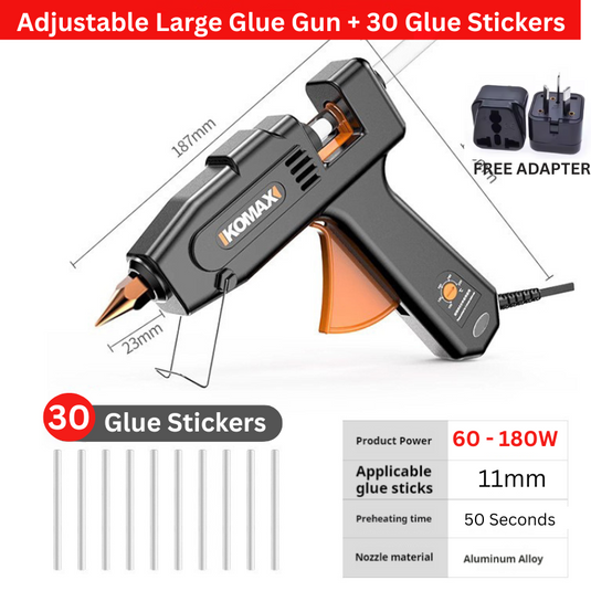 Komax 5 Adjustable Temperature 60W-180W Portable Large DIY Glue Gun + 30 x 11mm Glue Stickers
