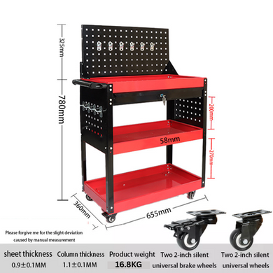 [With Drawer] Heavy Duty 3 Tiers + 1 Drawer Metal Tool Trolley Cart With Pegboard Hooks Workshop Tool Storage Push Trolleys - Polar Tech Australia