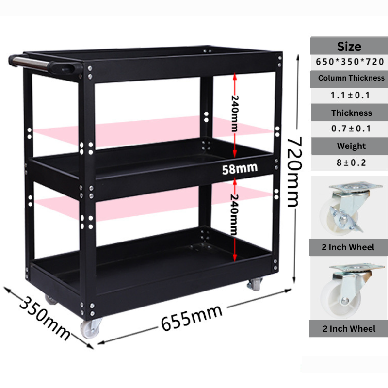Cargue la imagen en el visor de la galería, [Adjustable Height] Heavy Duty 3 Tiers Metal Tool Trolley Cart Workshop Tool Storage Push Trolley - Polar Tech Australia
