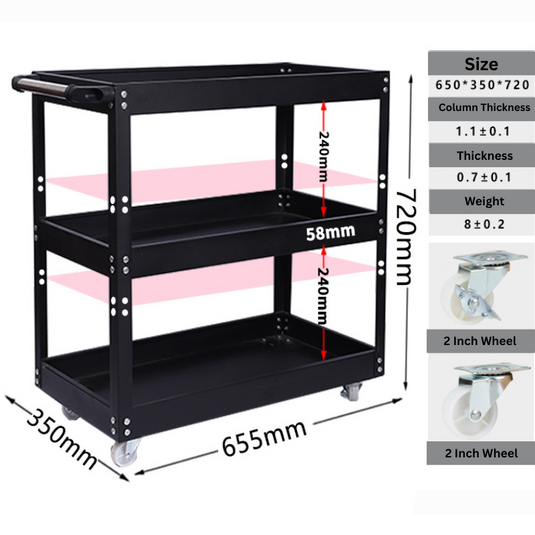 [Adjustable Height] Heavy Duty 3 Tiers Metal Tool Trolley Cart Workshop Tool Storage Push Trolley - Polar Tech Australia