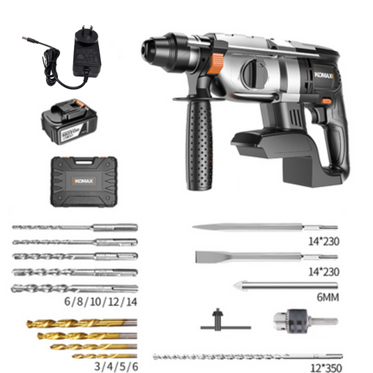 [Bundle Kit] Komax 21V 1000W High Power Cordless Electric hammer Drill 26mm rotary machine SDS plus with 3 modes, cordless drill machine with reverse/forward switch, Brushless motor