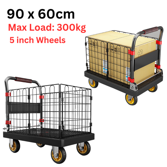 [90x60cm][With Cage] Heavy Duty Hand Push Foldable Platform Trolley Cage Cart (Max Load 300KG) - Polar Tech Australia