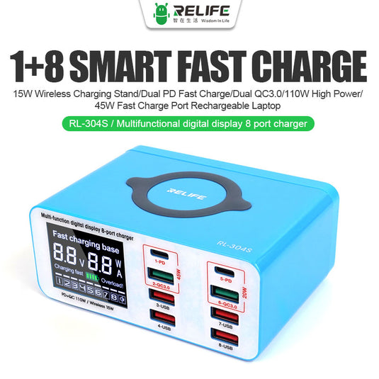 [RL-304S][AU Plug] Relife 110W 8 Ports (2 x Type-C + 6 USB) PD & QC 3.0 & Wireless Quick Charger Wireless Charger Adapter Station With Current/Voltage Meter - Polar Tech Australia