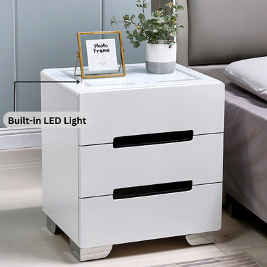 [Built-in LED Light] 	Intelligent 3 Drawers Bedside Table Side Unit With LED Lamp Nightstand - Polar Tech Australia