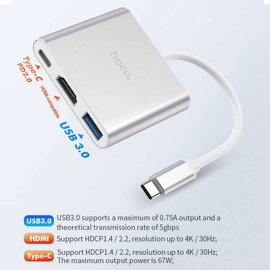 [HB14] HOCO 3 in 1 USB-C Type C USB 3.0 HUB HDMI PD Adapter Converter Splitter - Polar Tech Australia