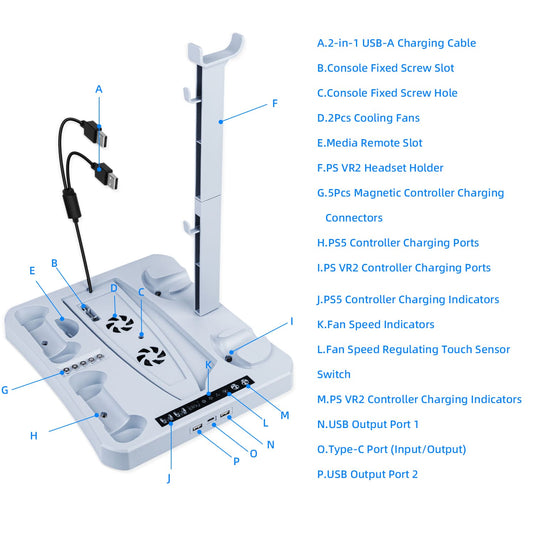 Multifunctional Cooling Stand with Charging for PS5/PS VR2 Controller-White(HBP-6478)(Not for PS5 Slim) - Game Gear Hub