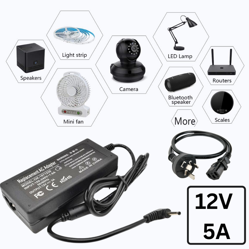 Load image into Gallery viewer, [12V-5A/60W][5.5x2.5 &amp; 5.5x2.1] Universal Computer/Monitor/LED Strip/Light Module/Speaker/CCTV/Router/Camera Power Supply Adapter Wall Charger - Polar Tech Australia

