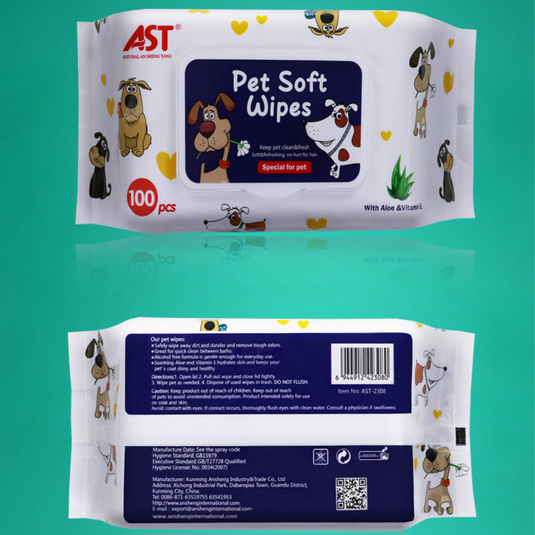 [500 Wipes][15cm x 20cm][Alcohol Free] AST Pet Animal Cleaning Soft Wipes With Aloe & Vitamin E - Polar Tech Australia