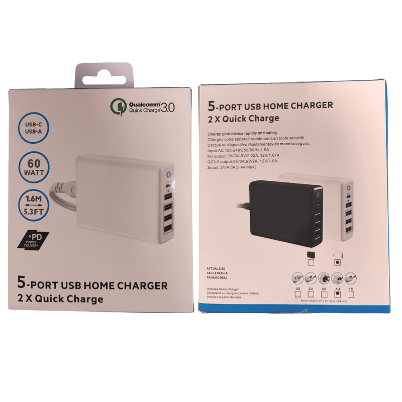 Cargue la imagen en el visor de la galería, Qualcomm QC 3.0 PD 60W 5 Ports Universal Phone &amp; Tablet USB &amp; Type-C Desktop Wall Charger Station Adapter 1.6M Length  (AU Plug) - Polar Tech Australia
